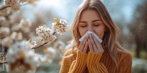 A beautiful young woman on the street sneezes into a tissue with symptoms of seasonal allergies. photo