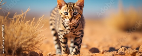 Young and confident Bengal cat walks towards the camera on amazing desert. © Daniela