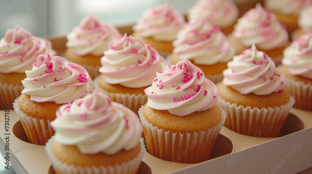 A close-up view of cupcake packaging, a delivery box containing vanilla cupcakes with pink and white cream. Selective focus highlights the delicious treats