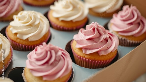 A close-up view of cupcake packaging, a delivery box containing vanilla cupcakes with pink and white cream. Selective focus highlights the delicious treats