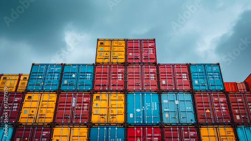 Stacked cargo containers in vibrant, eye-catching colors create a captivating industrial scene. This modern and unique image represents urban architecture, shipping logistics, and contempora
