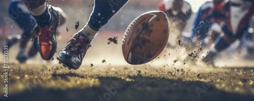 Close up of american football players foot hitting the ball on dirty football field. photo