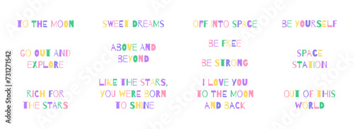 Space lettering quotes in pastel colors. Hand drawn flat cartoon elements. Vector illustration