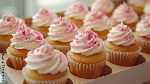 A close-up view of cupcake packaging, a delivery box containing vanilla cupcakes with pink and white cream. Selective focus highlights the delicious treats