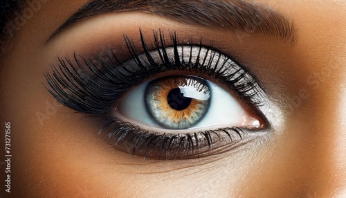 close up of a womans eye with dramatic false lashes black eyeliner and eyeshadow generated