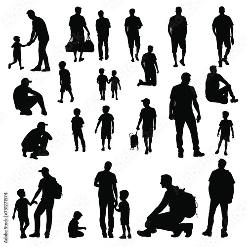 Silhouettes of a man and child interacting in various poses, depicting parenting and companionship against a white background.