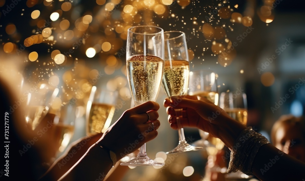 Close up of hands clink glasses of champagne. New Year's party. Soft, twinkling lights adorn the venue.