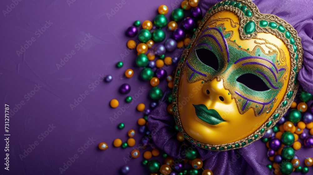 Vibrant Mardi Gras Mask and Beads on a Purple Background. Vibrant Mardi Gras Mask and Beads on a Purple Background.
