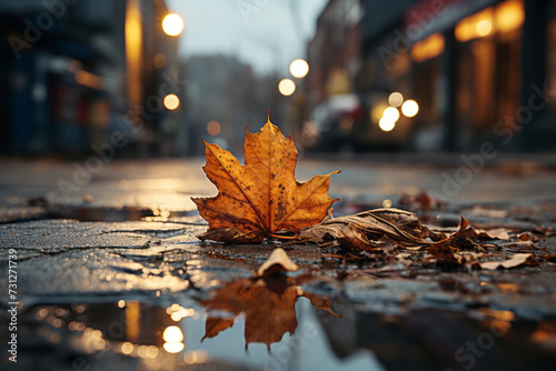 a leaf laying on a concrete sidewalk in front of a building.