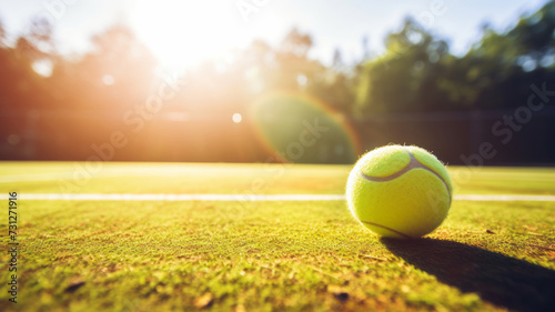 Tennis ball and racket on the grass court with sunshine. © Volodymyr