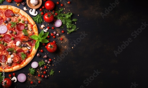 A traditional delicious italian pizza with ingredients on black background, top view.