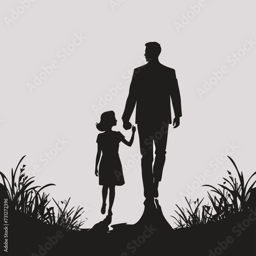 Silhouette of a father and daughter walking hand in hand through a grassy landscape at dusk.