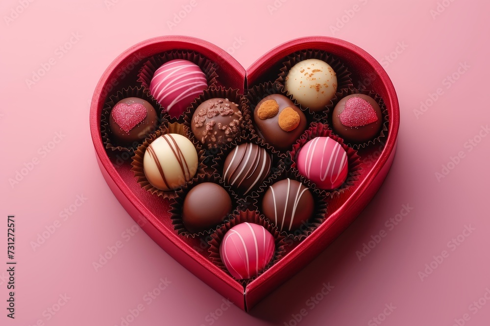 A Heart-Shaped Box Filled With Gourmet Chocolates on a Soft Pink Background A Heart-Shaped Box Filled With Gourmet Chocolates on a Soft Pink Background