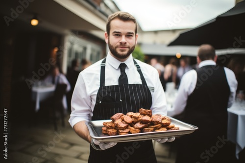 Waiter carrying tray with amazing meat dish. Catering service concept