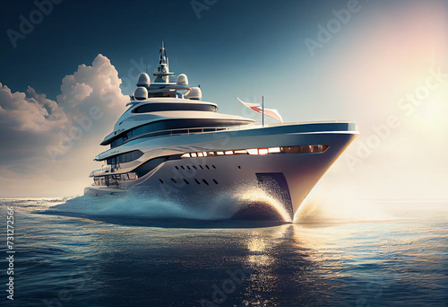 White and blue luxury yacht in motion on the Mediterranean sea, side view, Liguria, Italy, Europe © Imaginarium_photos