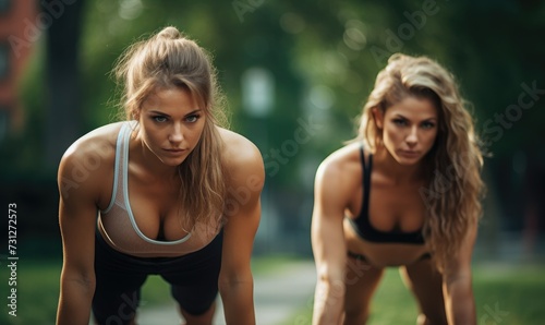 Two young women exercising outside in a park © Daniela