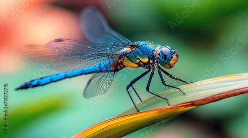 A blue dragonfly with intricate wings rests on a green leaf with a blurred background. © weerasak