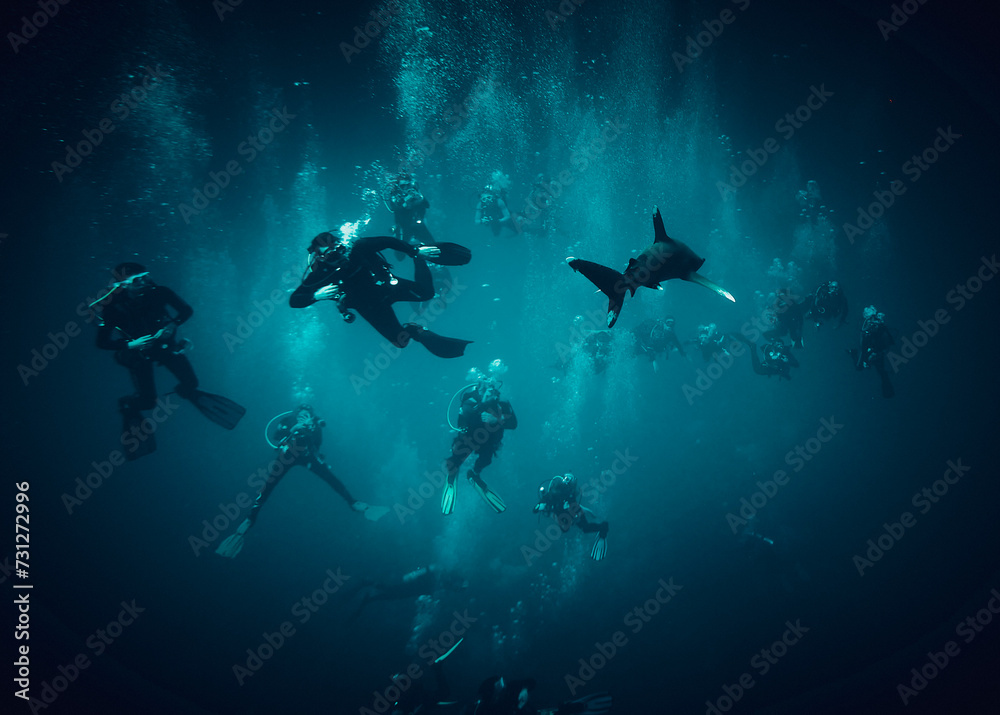 Obraz premium The beauty of the underwater world - frightened divers run away from a whitetip shark - scuba diving in the Red Sea, Egypt