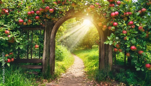 fantasy apple trees garden with natural arch entrance and sun rays magical door gates in fabulous green forest environmental background with empty copy space way to eco life summer nature backdrop