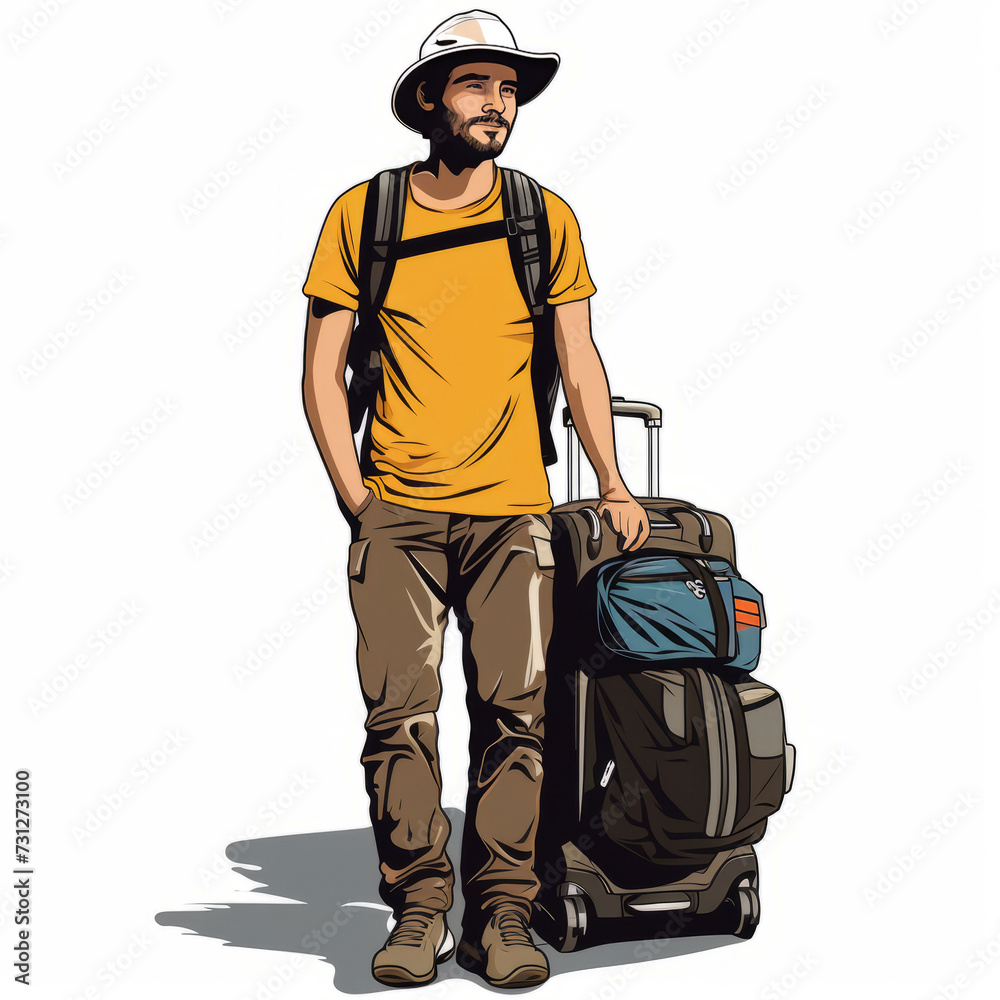 Illustration of a tourist, 25 year old, luggage, simple, minimal, flat color, comic book style.. Illustration of a tourist, 25 year old, luggage, simple, minimal, flat color, comic book style..