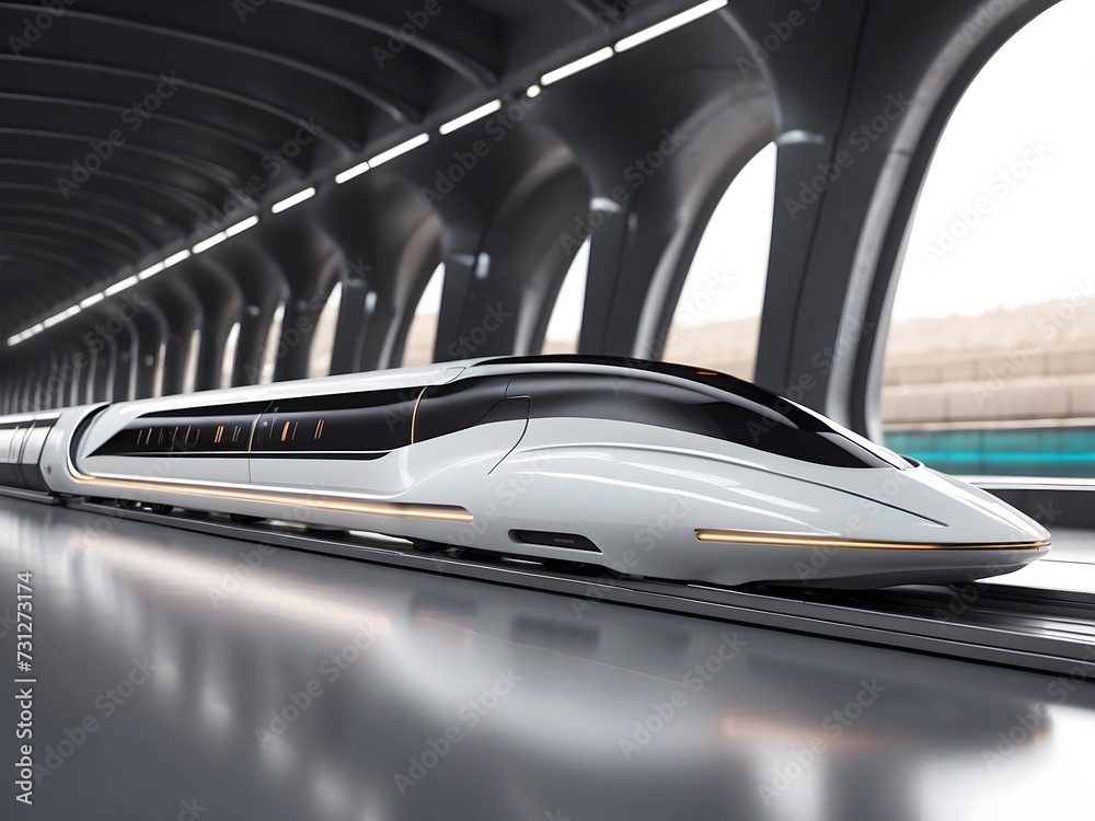 futuristic bullet train or hyperloop ultrasonic train capsule with a full self-driving system activated for fast transportation and autonomy concepts as a wide banner with copy space area design. futuristic bullet train or hyperloop ultrasonic train capsule with a full self-driving system activated for fast transportation and autonomy concepts as a wide banner with copy space area design.