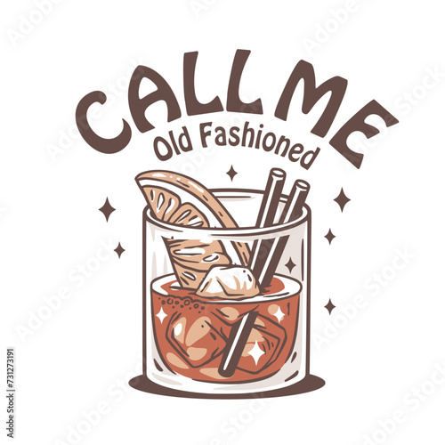 Old fashioned cocktail with ice, cherry and splash for design of bar menu. American alcohol cocktail with whisky and bourbon for drink party. Tee print