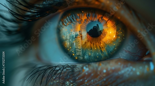 a woman's eye is showing cityscape in a distance, dark turquoise and light amber,