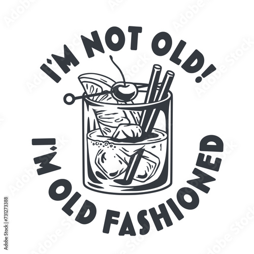 Monochrome old fashioned cocktail with ice, cherry and splash for design of bar menu. American alcohol cocktail with whisky and bourbon for drink party. Tee print