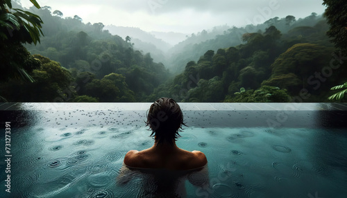 Tranquil scene of a person in an infinity pool overlooking a lush rainforest  capturing a moment of serene solitude and connection with nature.Relaxation Concept .AI generated.