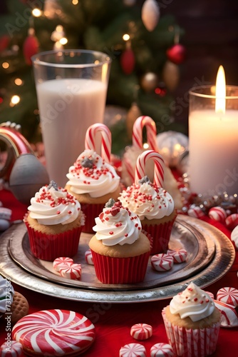 Holiday treats like candy canes, gingerbread cookies, and festive cupcakes are beautifully arranged on plates © Salsabila Ariadina
