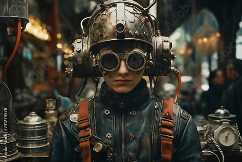 retro portrait of a girl in the art style of dieselpunk or steampunk, on an abstract background of machines and wires and devices