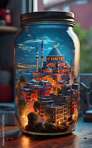 Dreamlike view of istanbul cityscape in a mason jar on kitchen counter. Istanbul city in a bottle, fantastic view