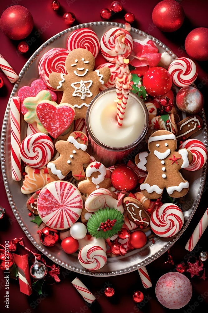 Holiday treats like candy canes, gingerbread cookies, and festive cupcakes are beautifully arranged on plates