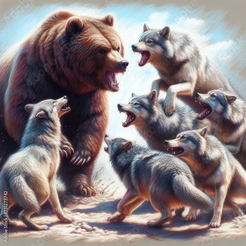 Nature’s Standoff Realistic Artwork Capturing the Tense Moment of a Bear Surrounded by Snarling Wolves.