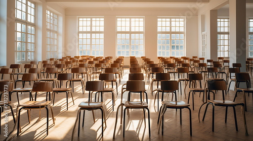 Empty classrom with a lot of chair with no student. Ai art photo