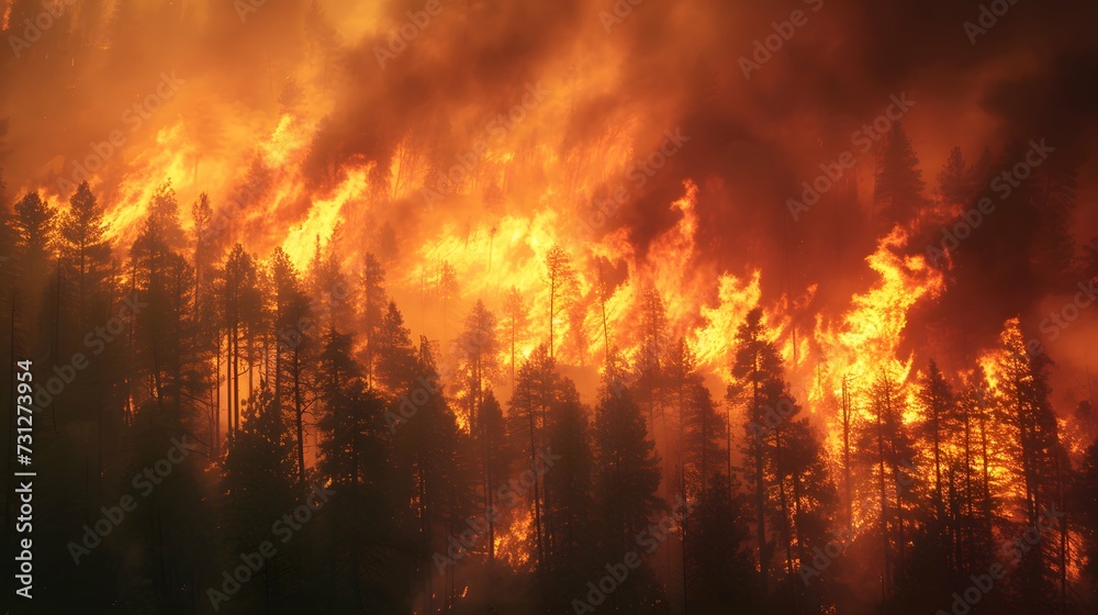 the destructive force of wildfires exacerbated by climate change, the scene showcases flames engulfing forests and emitting plumes of smoke