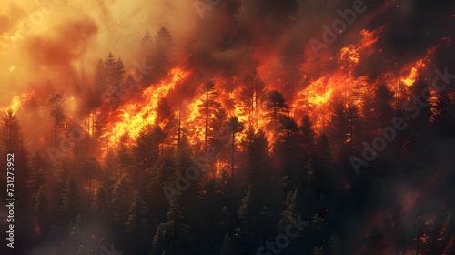 the destructive force of wildfires exacerbated by climate change, the scene showcases flames engulfing forests and emitting plumes of smoke,