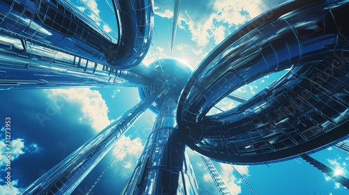 Futuristic 3D rendering of a mind-bending, surreal space elevator stretching towards the stars. An awe-inspiring concept that blends imagination and technology.