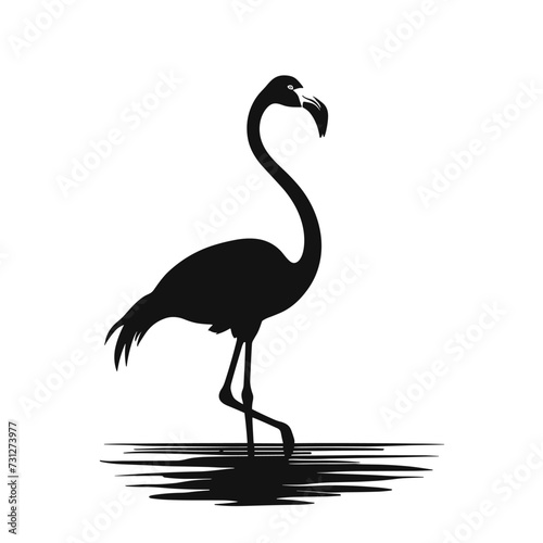 Silhouette of a lone flamingo standing gracefully in water against a clear white background.