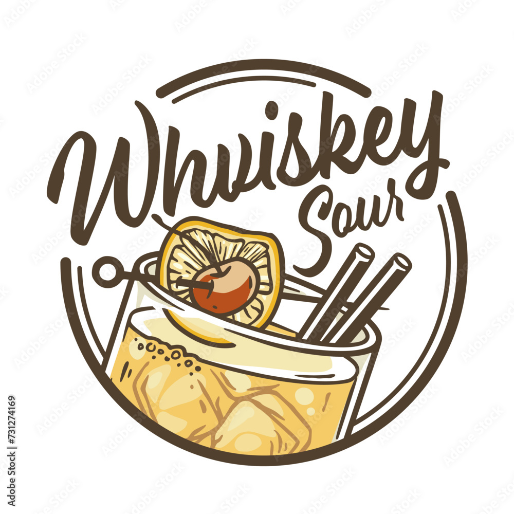 Whiskey sour or old fashioned cocktail with ice, cherry and splash for