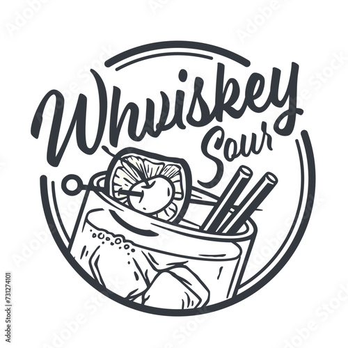 Monochrome whiskey sour or old fashioned cocktail with ice, cherry and splash for design of bar menu. American alcohol cocktail with whisky and bourbon for drink party. Tee print