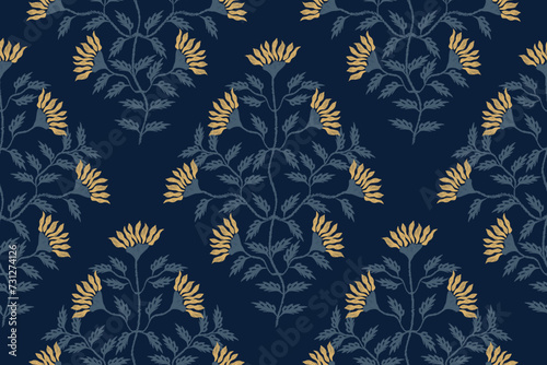 Vintage Floral pattern wallpaper branch leaves embroidery on dark blue background. flower motif ethnic design abstract vector illustration vintage design for print template