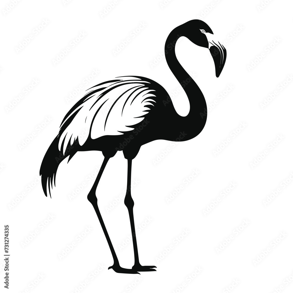 Fototapeta premium Silhouette of a flamingo featuring elegant lines and detailed feathers on a white background.