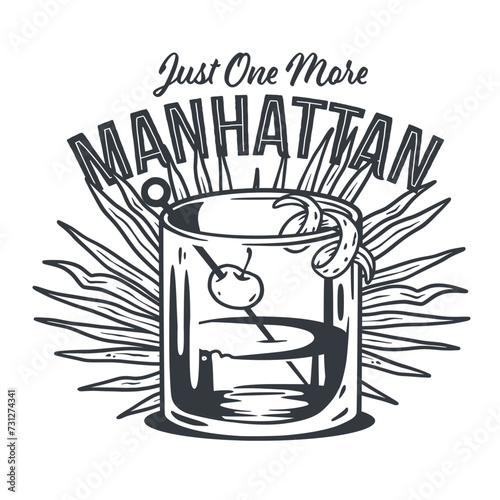 Monochrome manhattan cocktail, old fashioned with whiskey, vermouth and cherry for design of bar menu. Alcohol cocktail for drink party or tee print