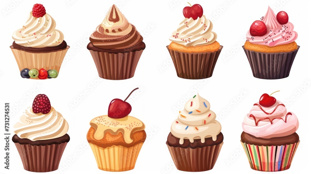 Illustration of an isolated set of cupcakes on a white background
