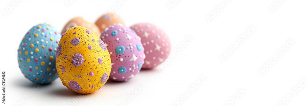 Perfect colorful handmade easter eggs isolated on a white background, pastel colord. Happy Easter Holiday cute eggs on white