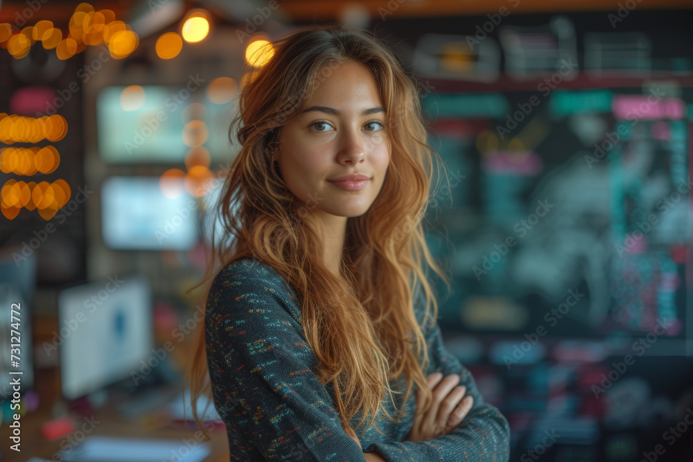 A woman confidently leading a coding workshop, emphasizing the significance of women's contributions to the tech and programming fields. Concept of women in coding and tech education. Generative Ai.