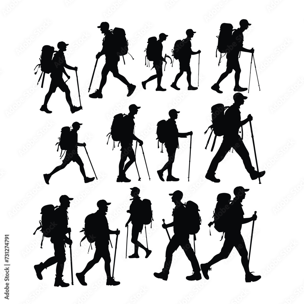 Obraz premium Silhouettes of diverse hikers with backpacks walking using trekking poles against a white background, capturing a sense of adventure and outdoor exploration.