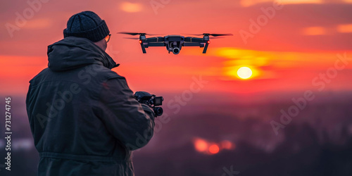A high-tech drone with a camera, flying in controlled motion at sunset.