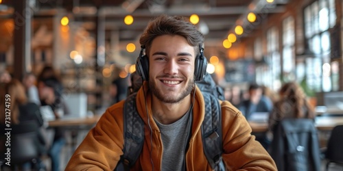 Handsome, stylish man enjoys entertainment with headphones in a modern urban campus setting.